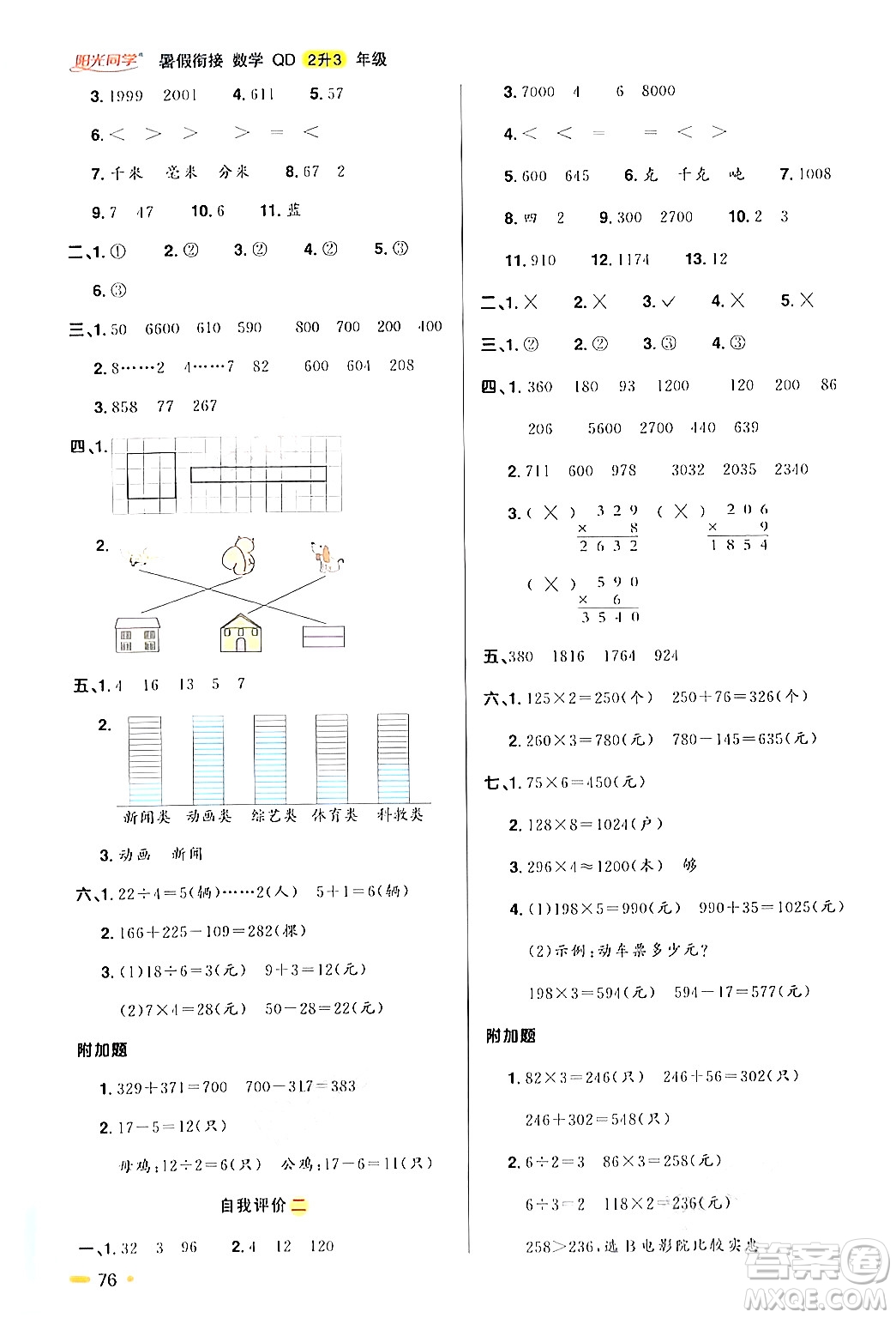 江蘇教育出版社2024年春陽光同學暑假銜接2升3年級數學全一冊青島版答案