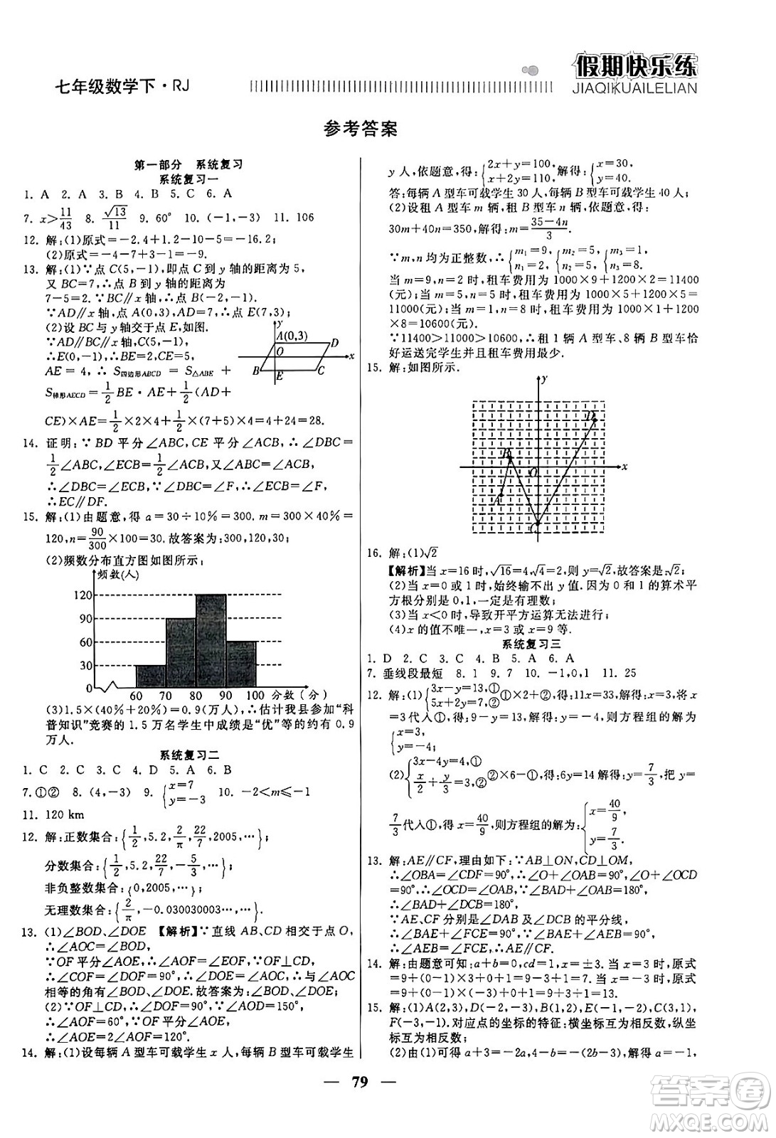 天津科學(xué)技術(shù)出版社2024年春金優(yōu)教輔假期快樂練七年級(jí)數(shù)學(xué)人教版答案