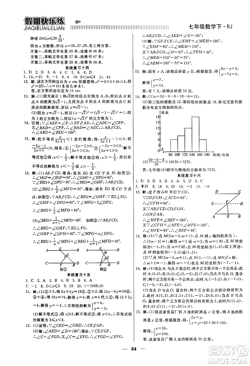 天津科學(xué)技術(shù)出版社2024年春金優(yōu)教輔假期快樂練七年級(jí)數(shù)學(xué)人教版答案