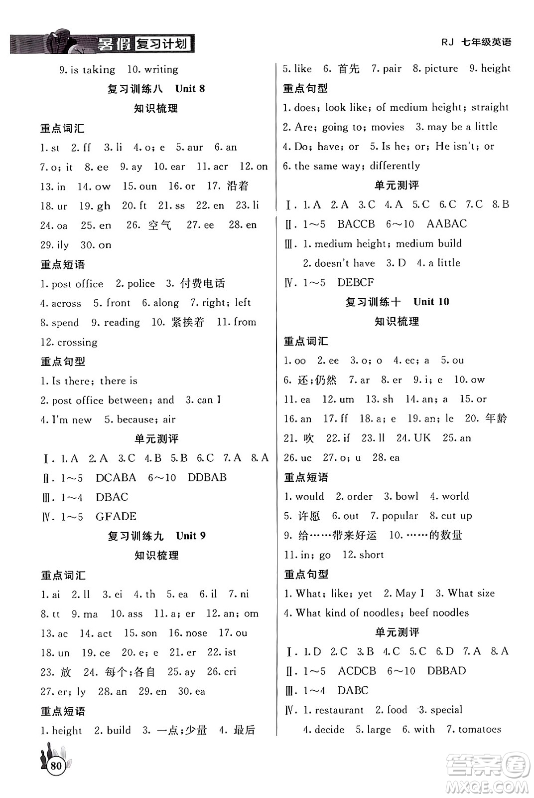 延邊大學(xué)出版社2024年品至教育假期復(fù)習(xí)計(jì)劃暑假七年級(jí)英語(yǔ)人教版答案