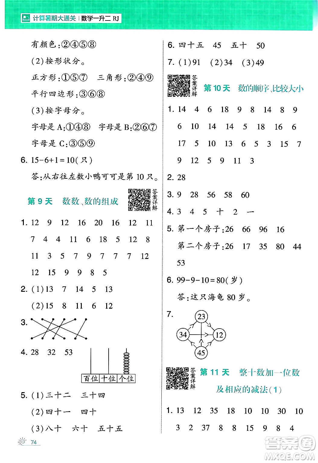 寧夏人民教育出版社2024年春經(jīng)綸學霸學霸的暑假計算暑假大通關一升二年級數(shù)學人教版答案