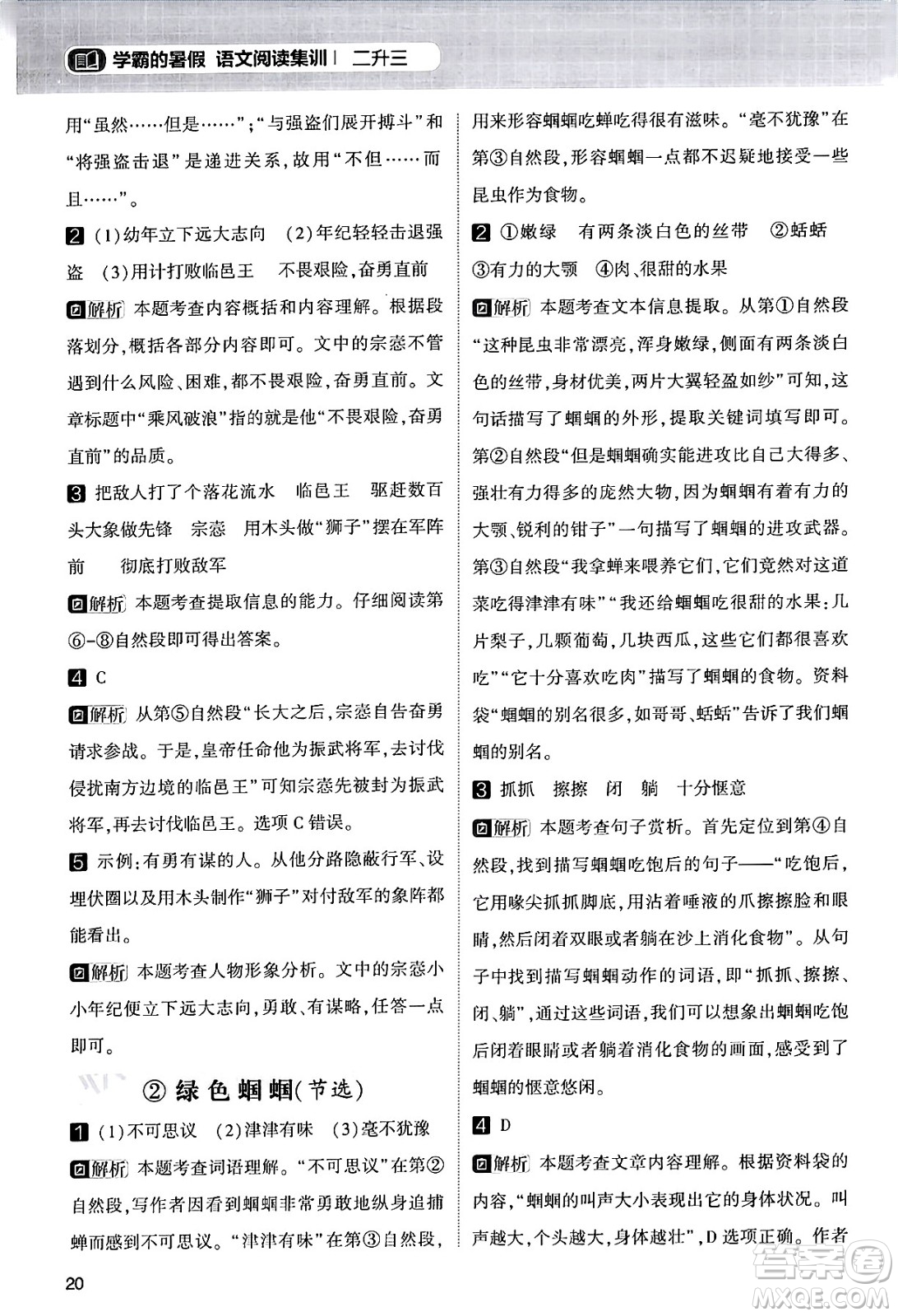 寧夏人民教育出版社2024年春經(jīng)綸學(xué)霸學(xué)霸的暑假語文閱讀集訓(xùn)二升三年級語文人教版答案