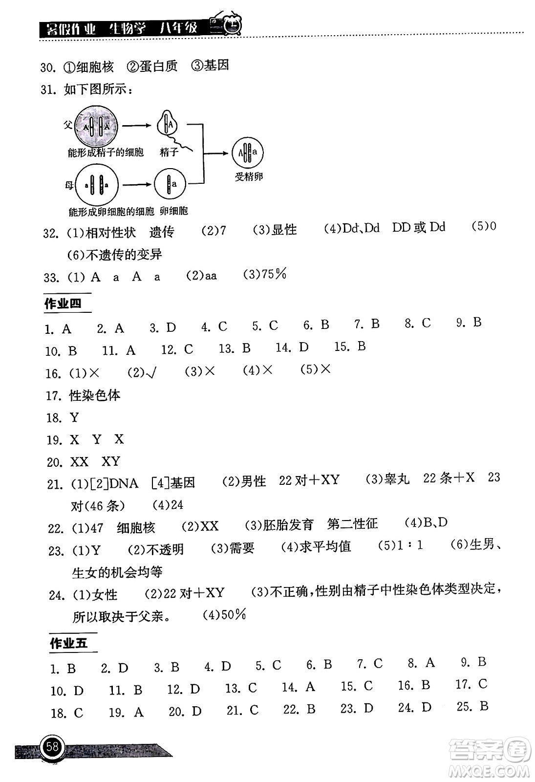 湖北教育出版社2024年長江作業(yè)本暑假作業(yè)八年級生物通用版答案