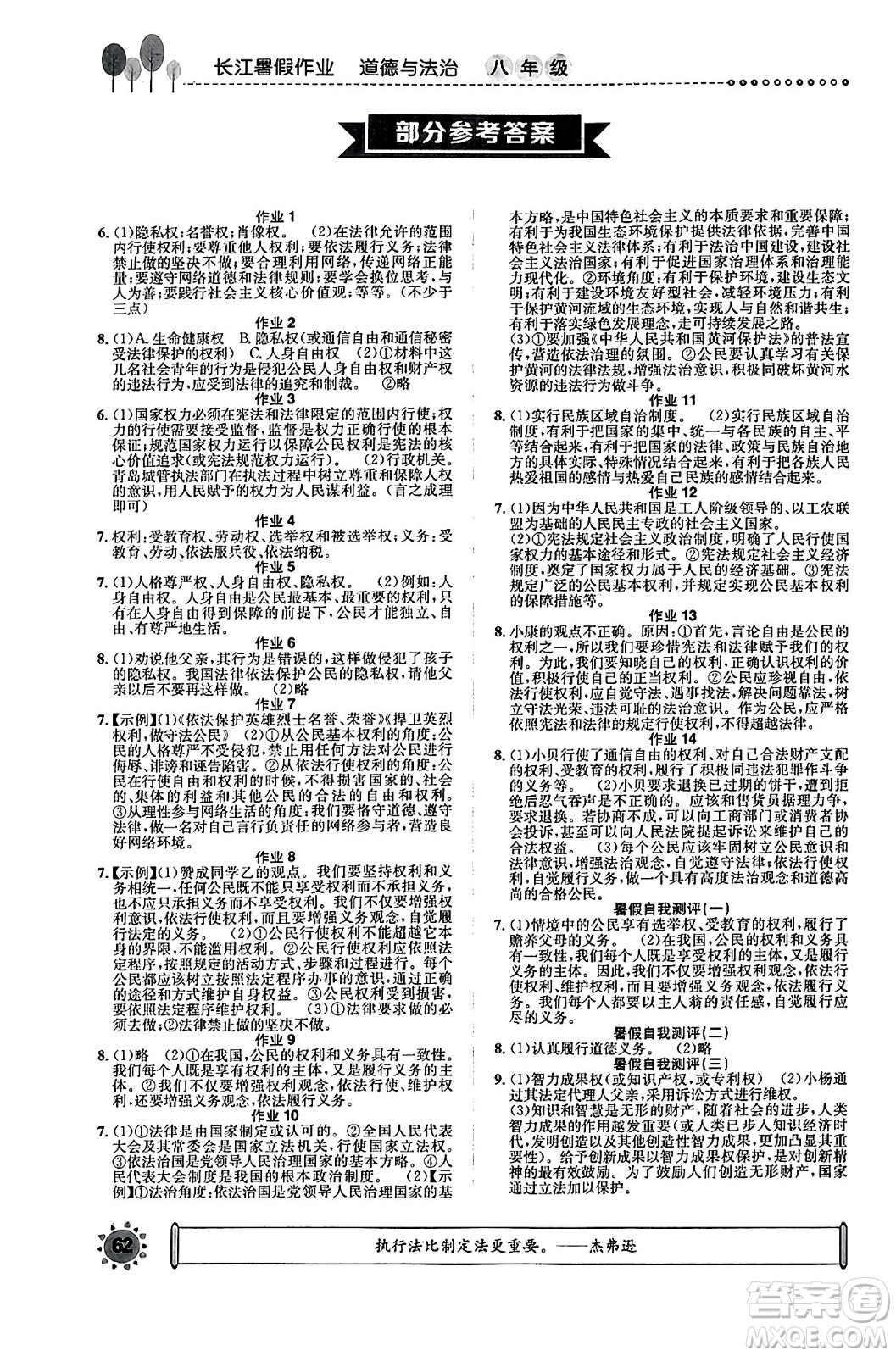 崇文書局2024年長江暑假作業(yè)八年級道德與法治通用版答案