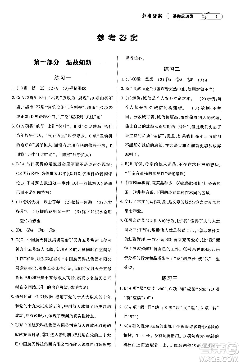 寧夏人民教育出版社2024年經(jīng)綸學(xué)典暑假總動員八年級語文通用版答案