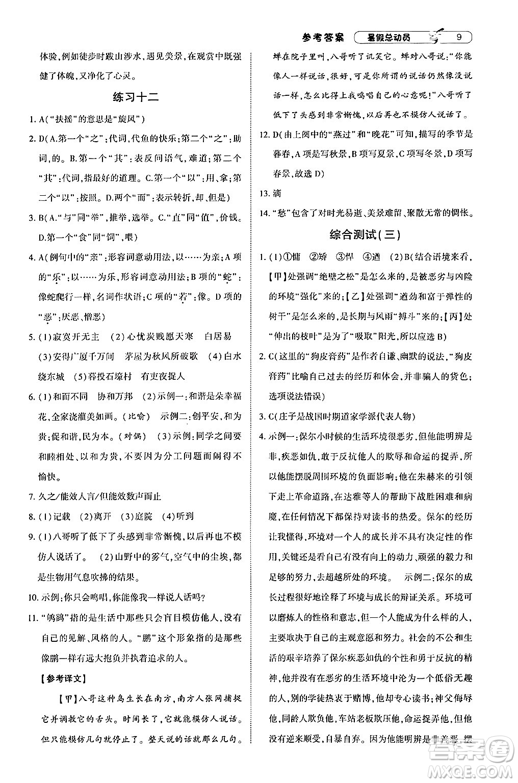 寧夏人民教育出版社2024年經(jīng)綸學(xué)典暑假總動員八年級語文通用版答案