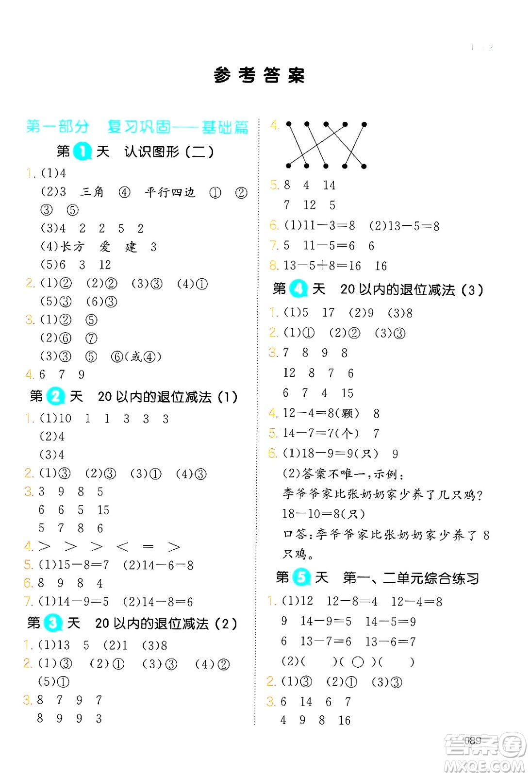 湖南教育出版社2024年一本暑假銜接1升2年級數(shù)學(xué)人教版福建專版答案