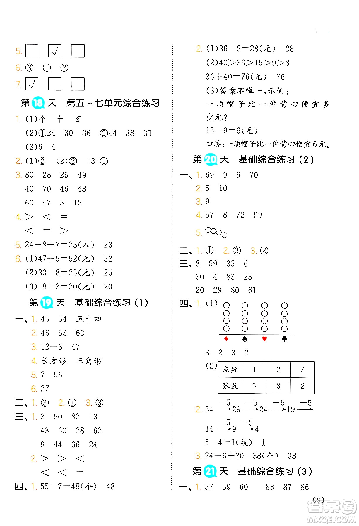 湖南教育出版社2024年一本暑假銜接1升2年級數(shù)學(xué)人教版福建專版答案