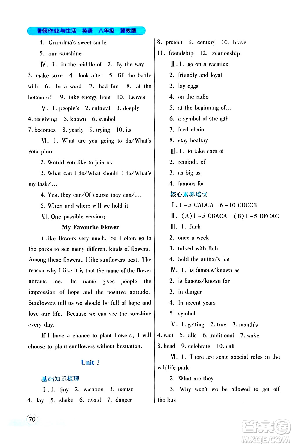 陜西師范大學(xué)出版總社有限公司2024年暑假作業(yè)與生活八年級(jí)英語(yǔ)冀教版答案