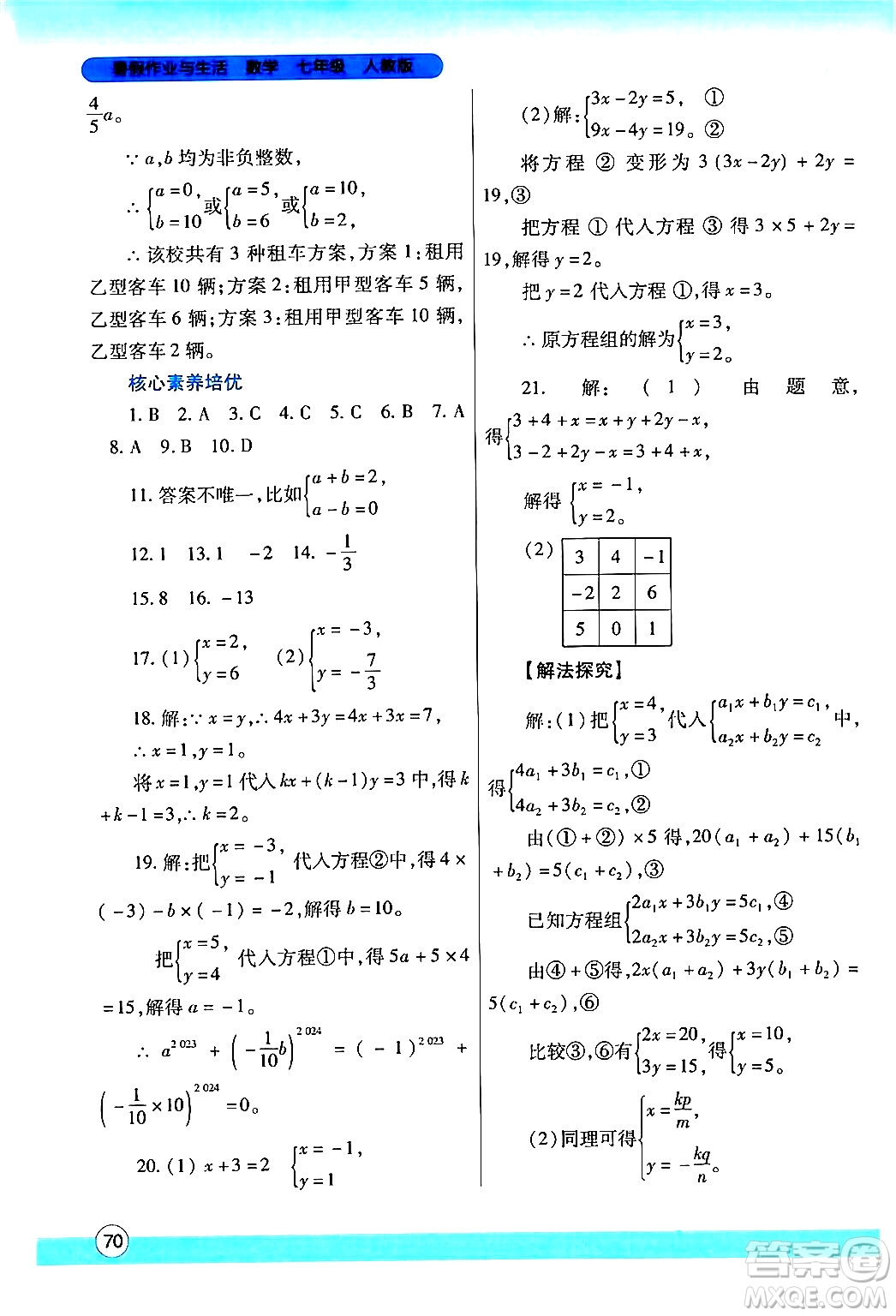 陜西師范大學(xué)出版總社有限公司2024年暑假作業(yè)與生活七年級(jí)數(shù)學(xué)人教版答案