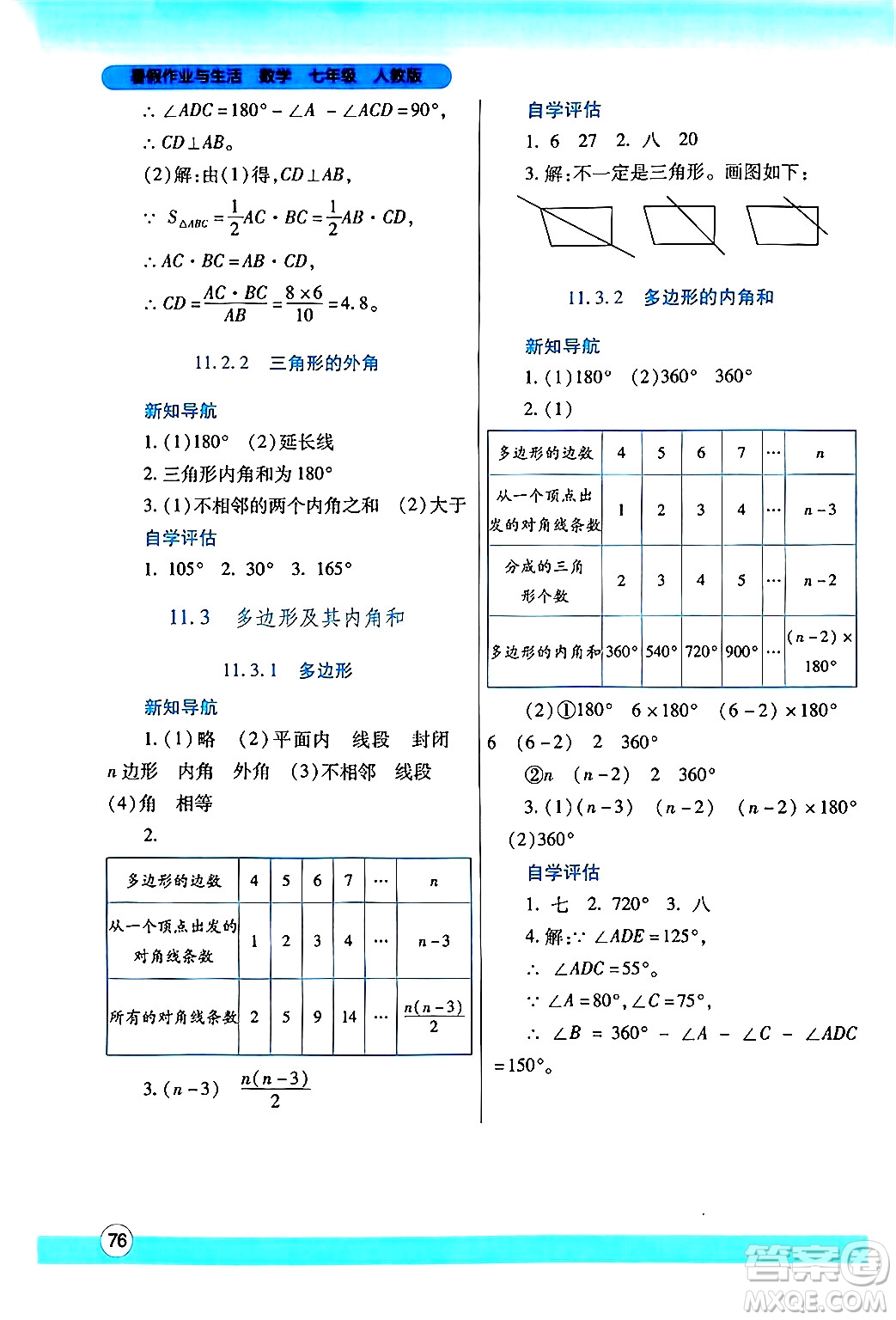 陜西師范大學(xué)出版總社有限公司2024年暑假作業(yè)與生活七年級(jí)數(shù)學(xué)人教版答案