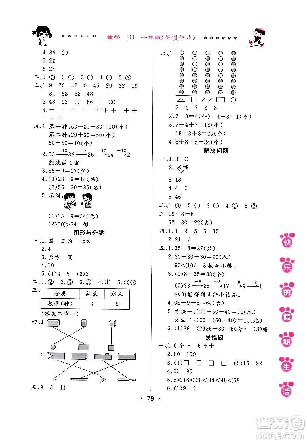 哈爾濱出版社2024年快樂的假期生活暑假作業(yè)一年級(jí)數(shù)學(xué)人教版答案