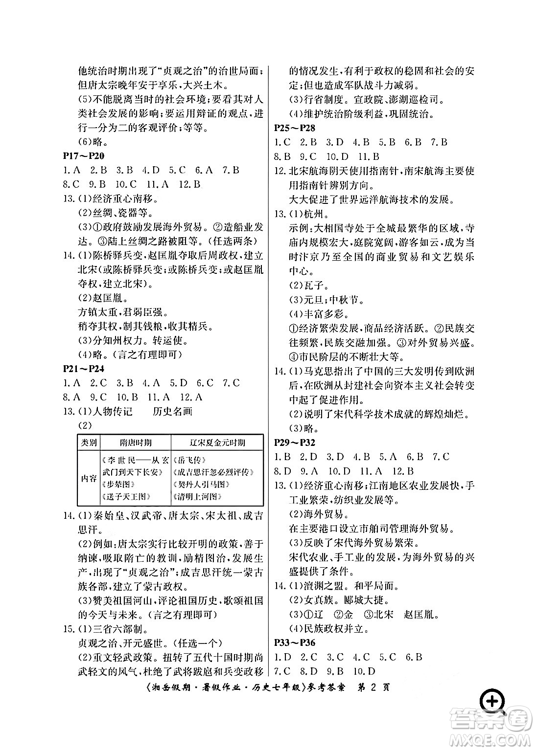 湖南大學(xué)出版社2024年湘岳假期暑假作業(yè)七年級歷史人教版答案