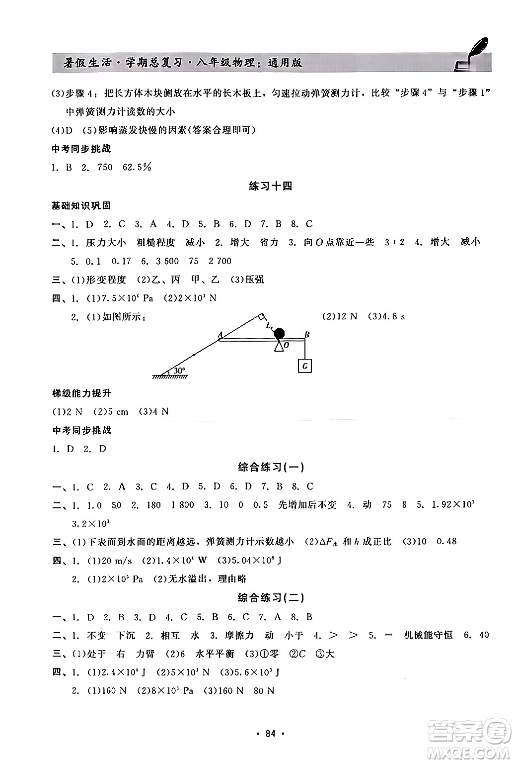 河北科學技術出版社2024年假期核心素養(yǎng)暑假生活學期總復習八年級物理通用版答案