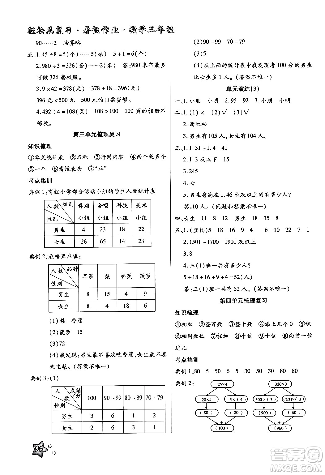 河北科學技術出版社2024年輕松總復習暑假作業(yè)三年級數學通用版答案