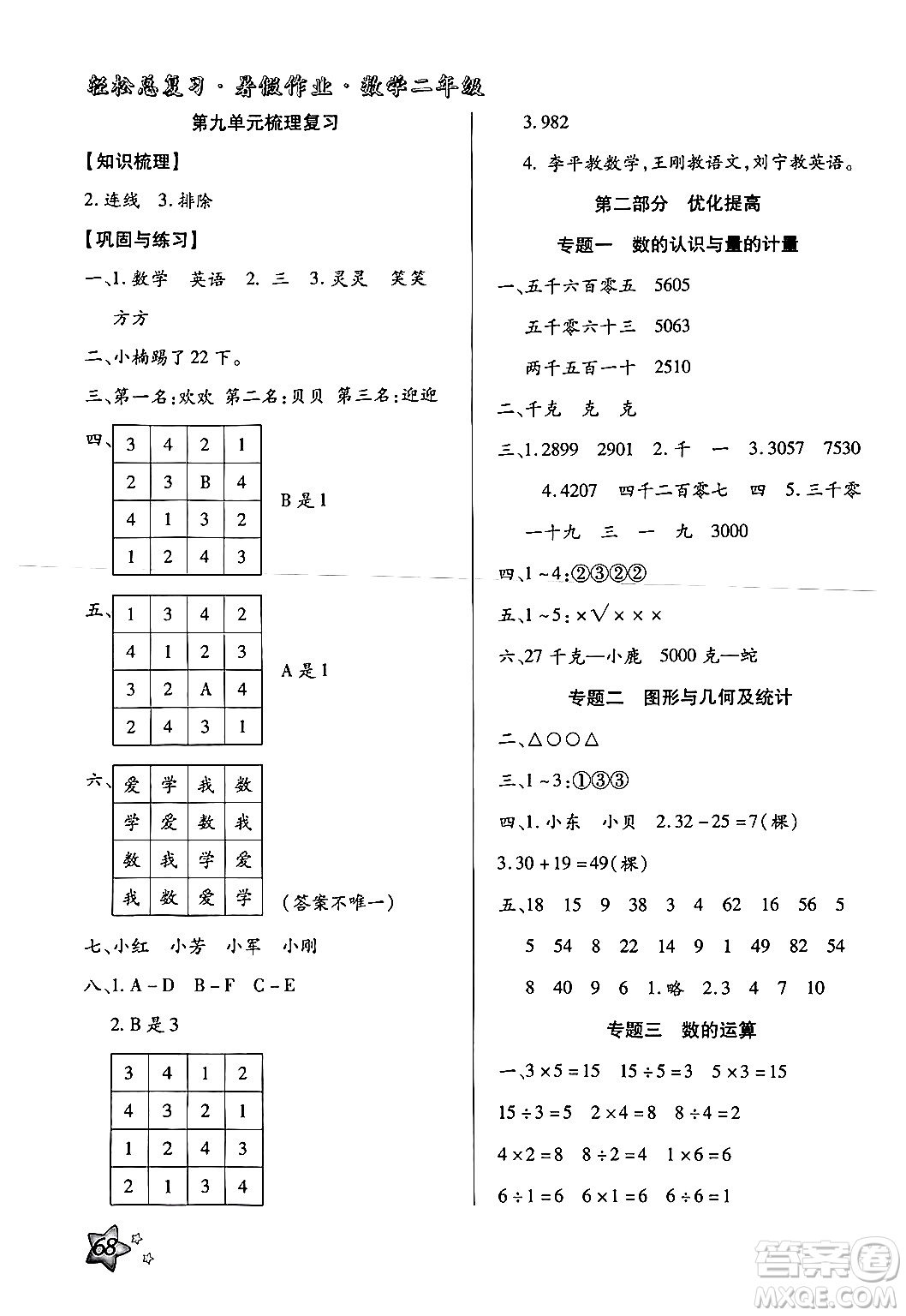 河北科學(xué)技術(shù)出版社2024年輕松總復(fù)習(xí)暑假作業(yè)二年級數(shù)學(xué)通用版答案