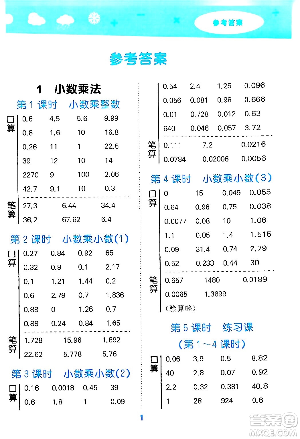 山東教育出版社2024年秋小兒郎小學(xué)口算大通關(guān)五年級數(shù)學(xué)上冊人教版答案