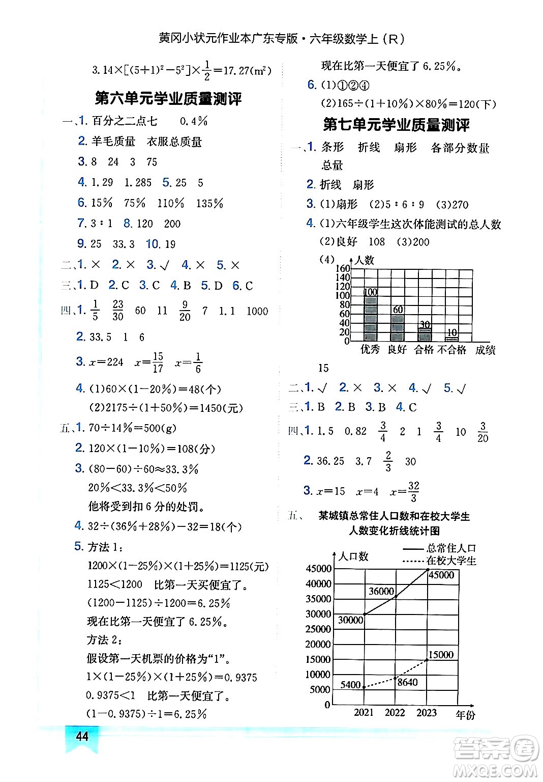 龍門書局2024年秋黃岡小狀元作業(yè)本六年級(jí)數(shù)學(xué)上冊(cè)人教版廣東專版答案