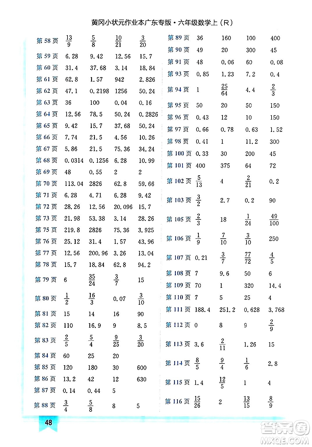 龍門書局2024年秋黃岡小狀元作業(yè)本六年級(jí)數(shù)學(xué)上冊(cè)人教版廣東專版答案