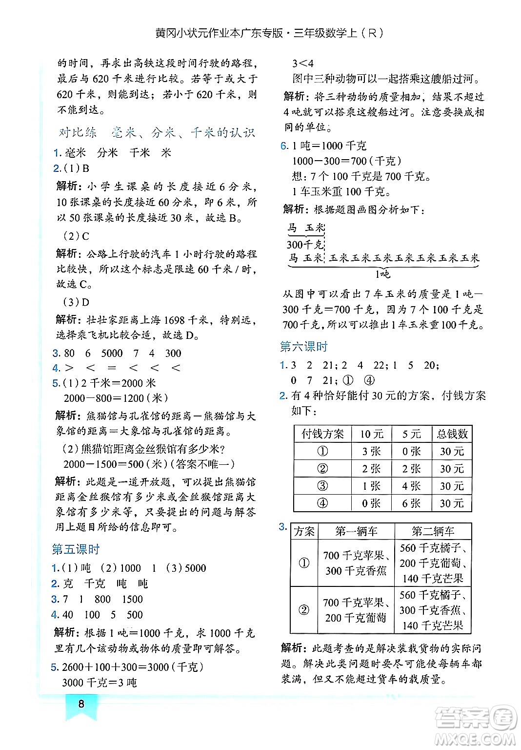 龍門書局2024年秋黃岡小狀元作業(yè)本三年級數(shù)學(xué)上冊人教版廣東專版答案