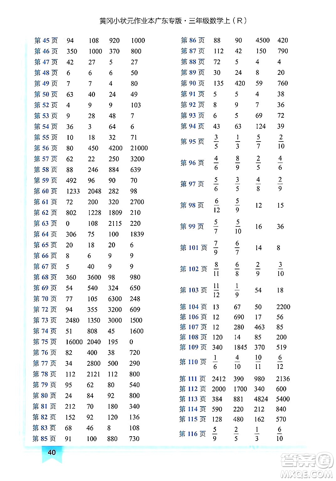 龍門書局2024年秋黃岡小狀元作業(yè)本三年級數(shù)學(xué)上冊人教版廣東專版答案