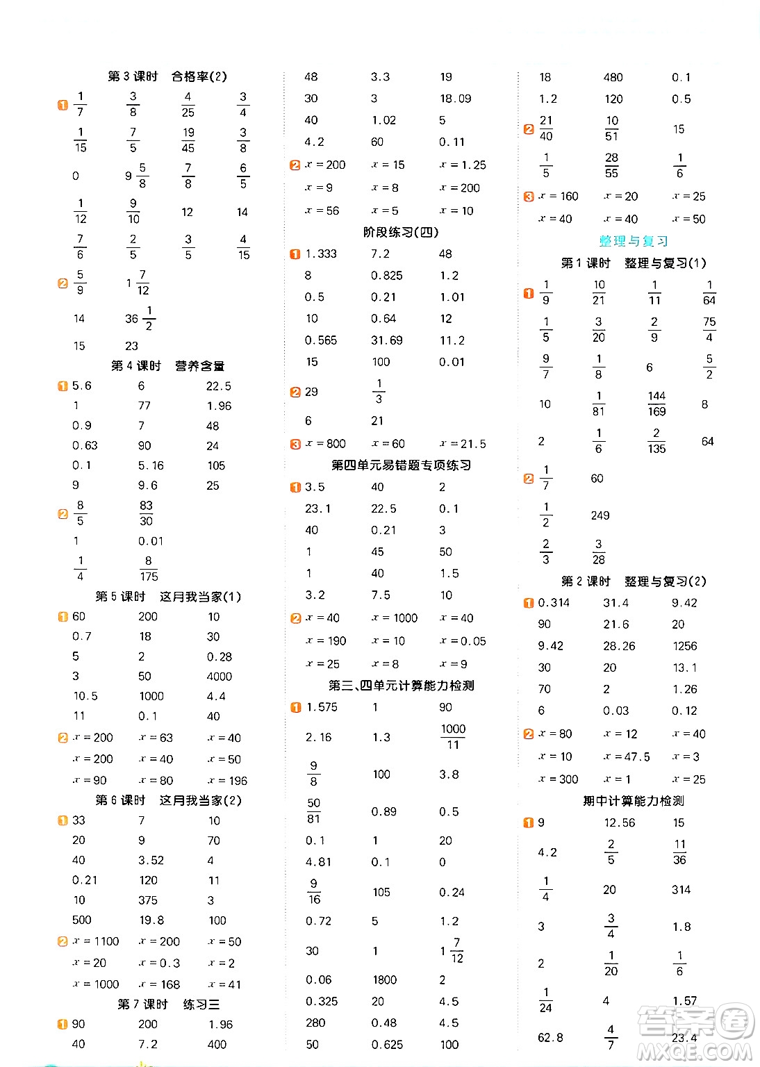 江西教育出版社2024年秋陽(yáng)光同學(xué)計(jì)算小達(dá)人六年級(jí)數(shù)學(xué)上冊(cè)北師大版答案