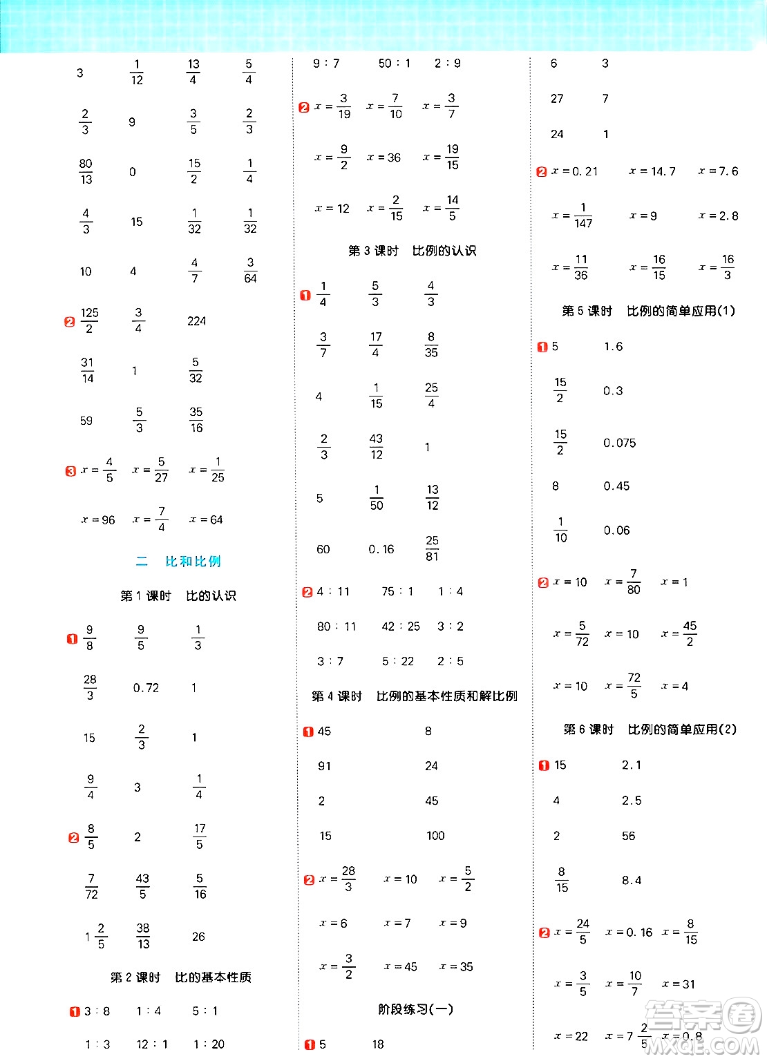 江西教育出版社2024年秋陽光同學計算小達人六年級數(shù)學上冊冀教版答案