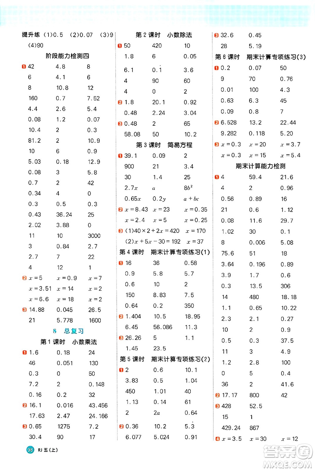 江西教育出版社2024年秋陽光同學(xué)計算小達(dá)人五年級數(shù)學(xué)上冊人教版廣東專版答案