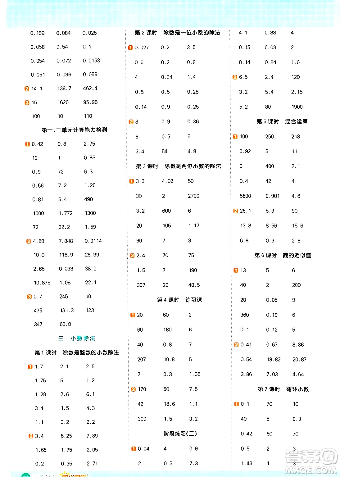 江西教育出版社2024年秋陽光同學(xué)計(jì)算小達(dá)人五年級(jí)數(shù)學(xué)上冊冀教版答案