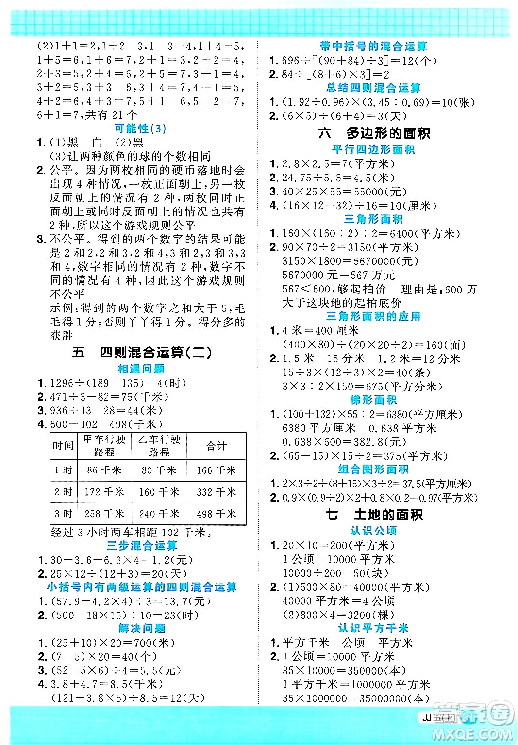 江西教育出版社2024年秋陽光同學(xué)計(jì)算小達(dá)人五年級(jí)數(shù)學(xué)上冊冀教版答案