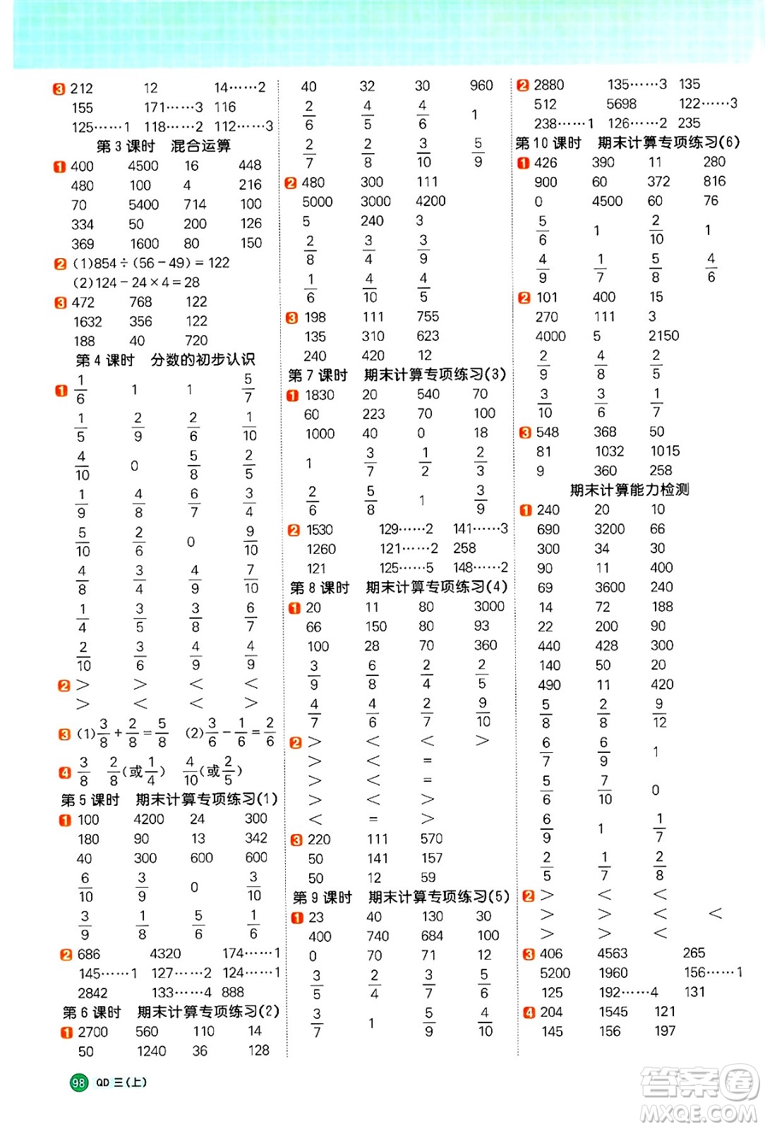 江西教育出版社2024年秋陽光同學(xué)計(jì)算小達(dá)人三年級(jí)數(shù)學(xué)上冊(cè)青島版答案