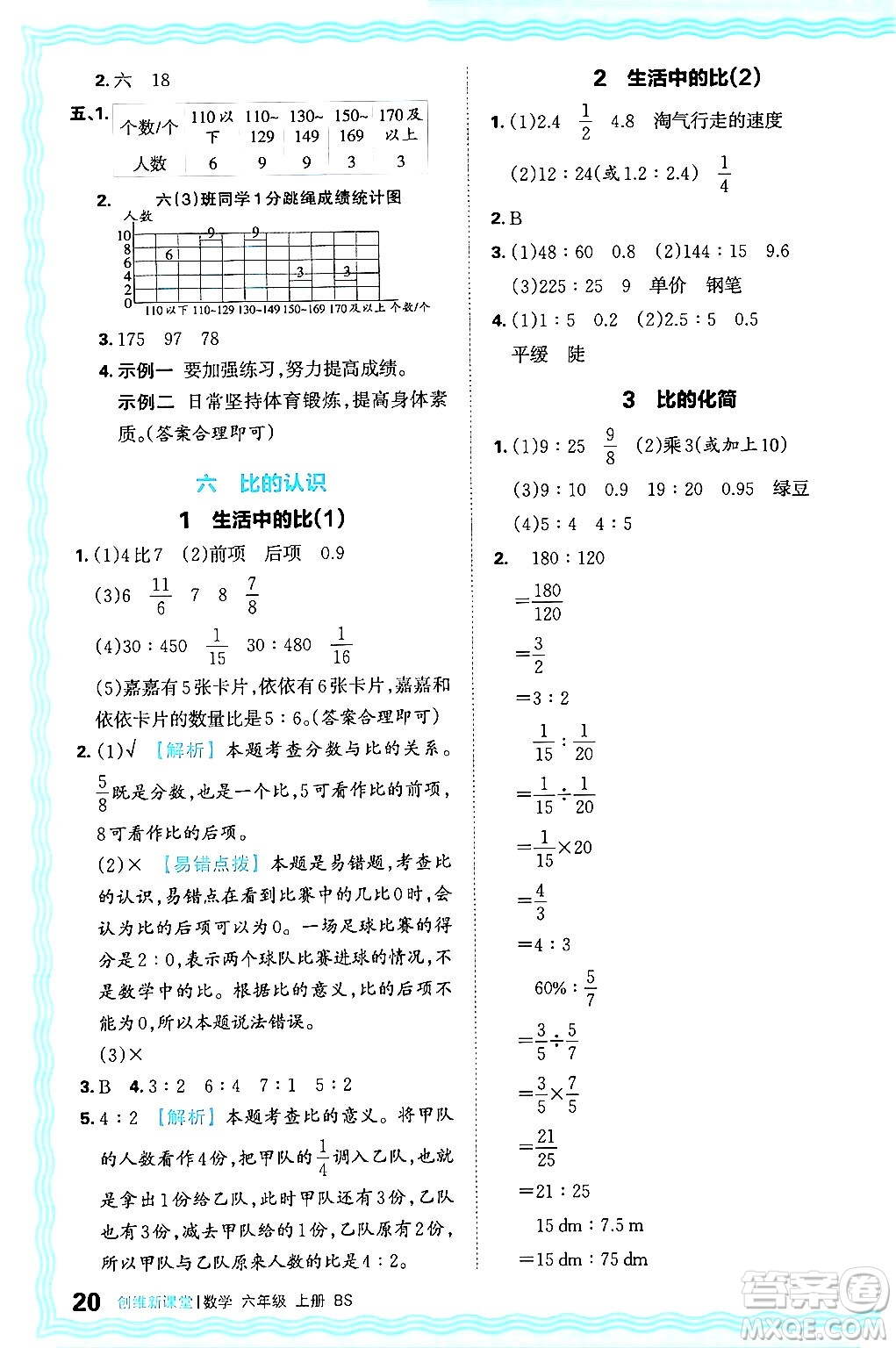 江西人民出版社2024年秋王朝霞創(chuàng)維新課堂六年級數(shù)學(xué)上冊北師大版答案