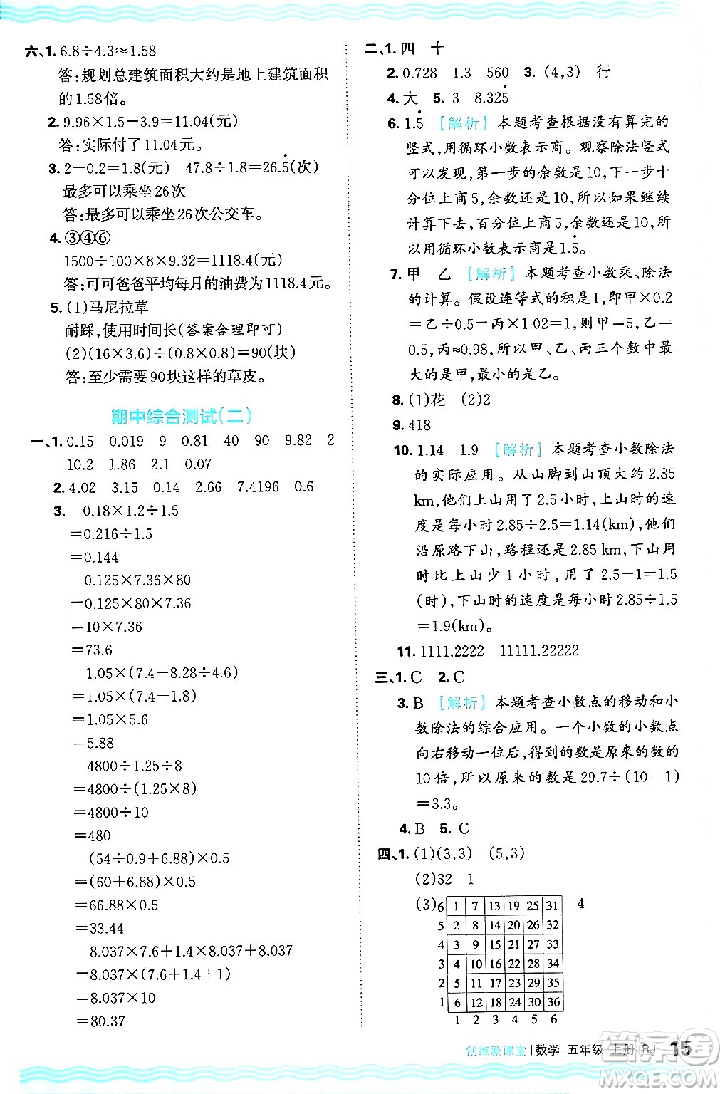 江西人民出版社2024年秋王朝霞創(chuàng)維新課堂五年級數(shù)學上冊人教版答案