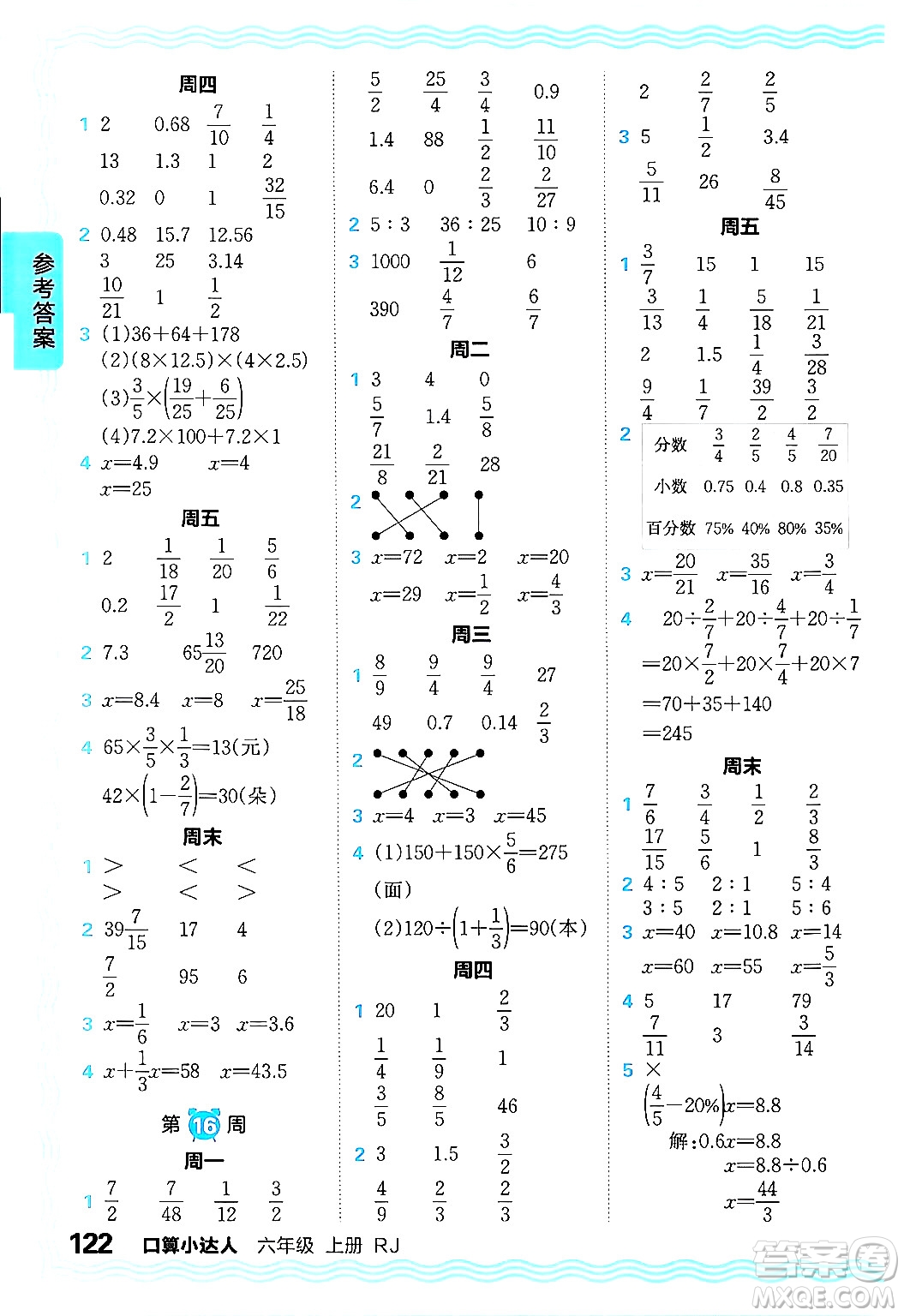 江西人民出版社2024年秋王朝霞口算小達人六年級數(shù)學(xué)上冊人教版答案