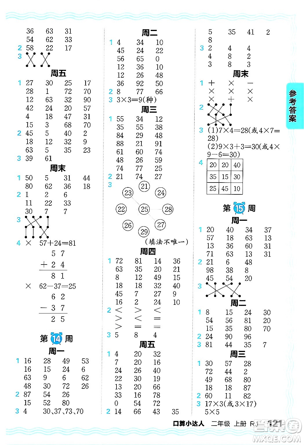 江西人民出版社2024年秋王朝霞口算小達(dá)人二年級(jí)數(shù)學(xué)上冊(cè)人教版答案