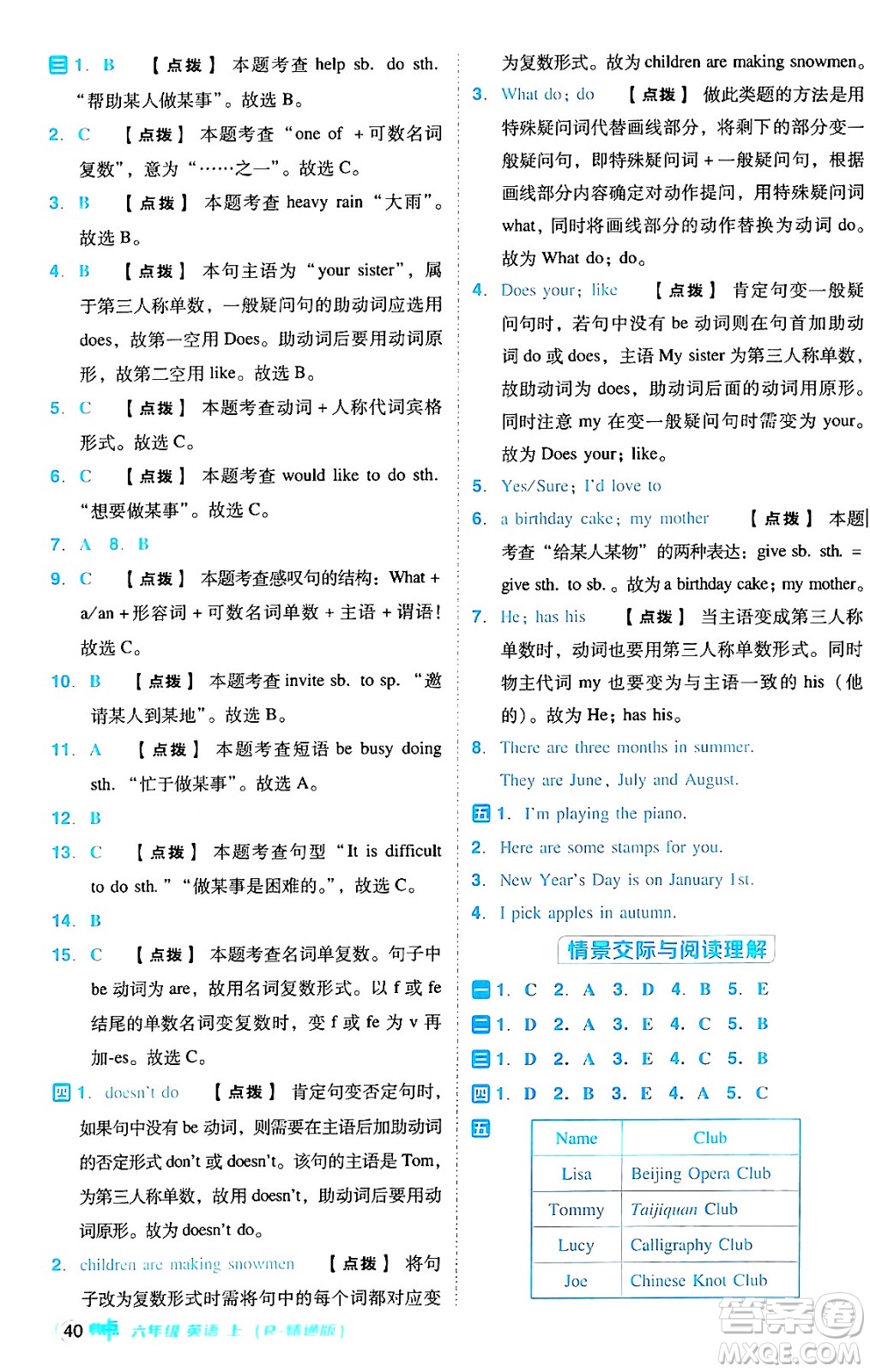 吉林教育出版社2024年秋綜合應用創(chuàng)新題典中點六年級英語上冊人教版答案