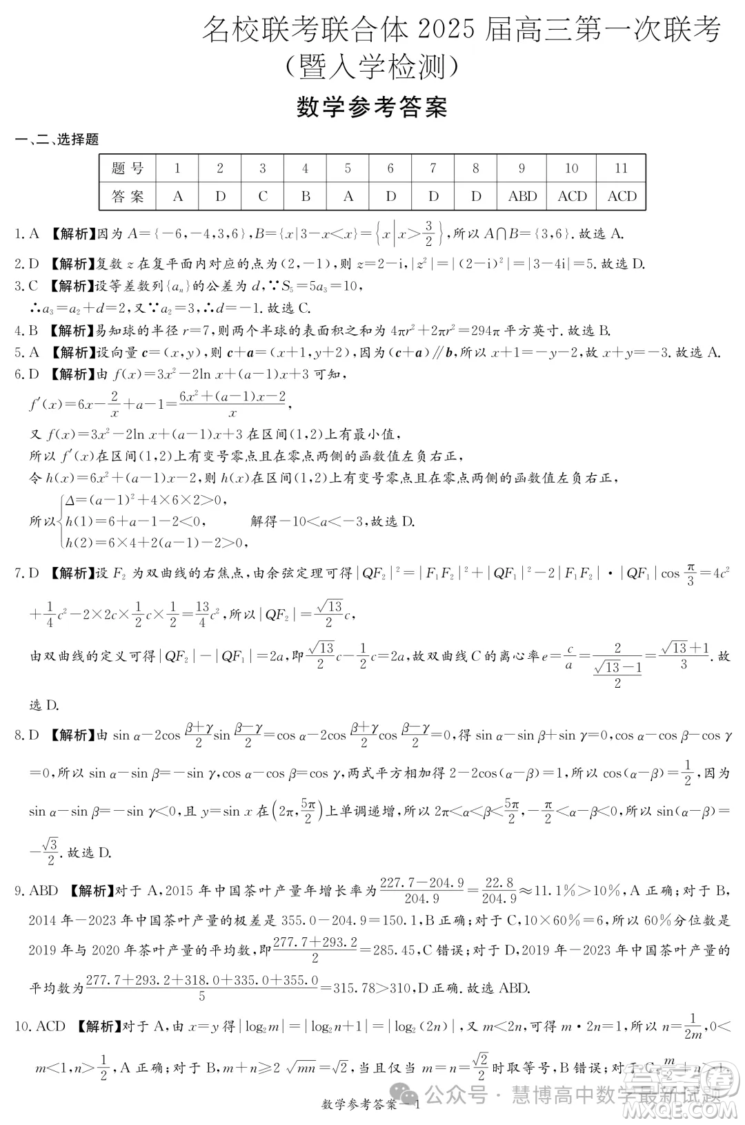 2025屆湖南炎德英才高三第一次聯(lián)考數(shù)學(xué)試題答案