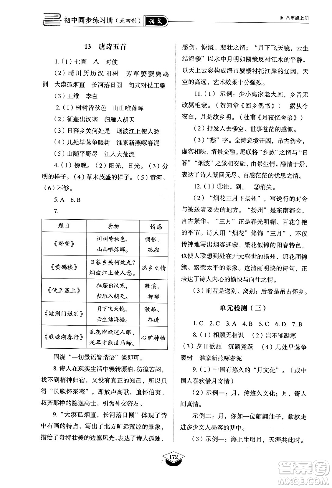 山東教育出版社2024秋初中同步練習(xí)冊(cè)八年級(jí)語(yǔ)文上冊(cè)人教版山東專版五四制答案