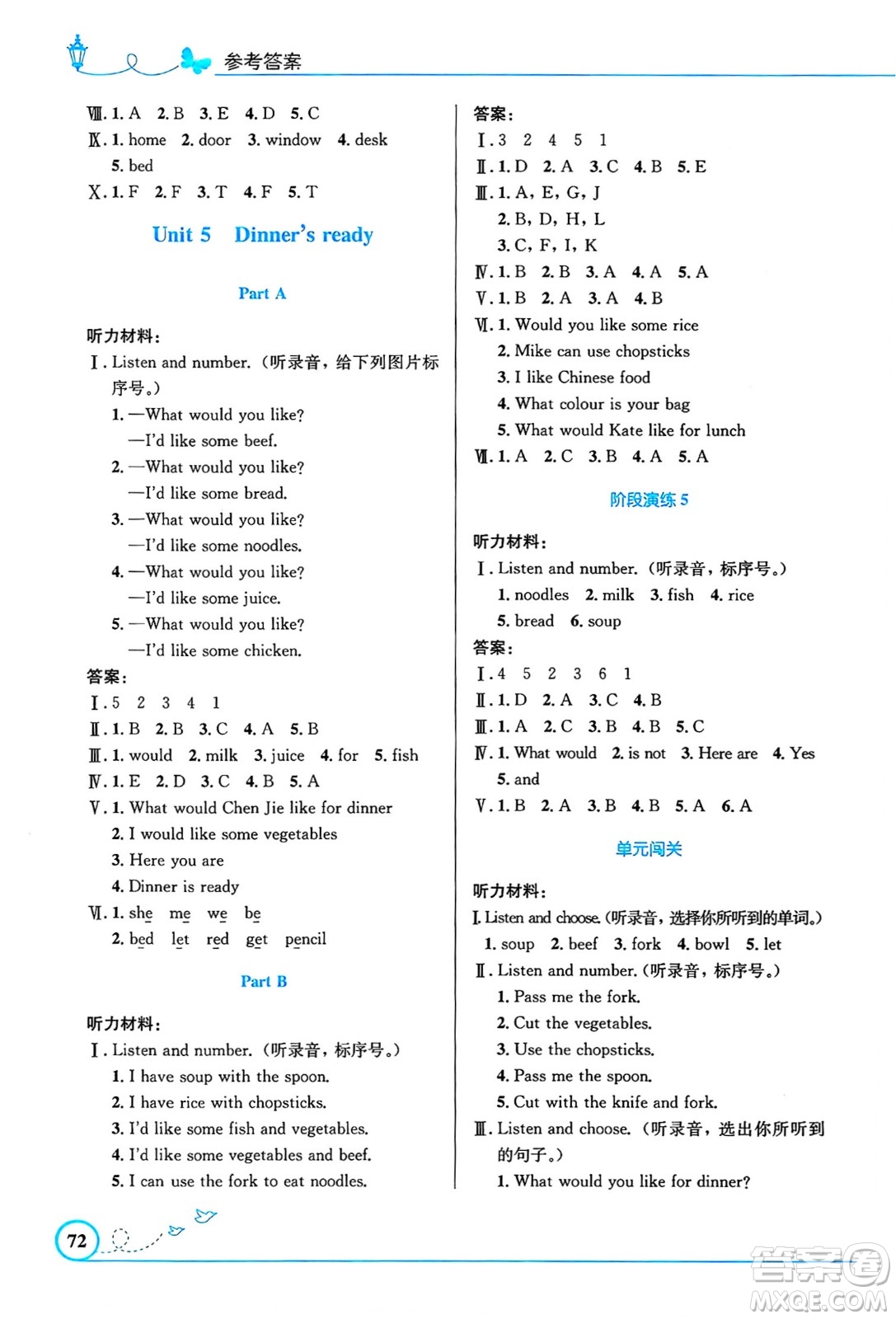 人民教育出版社2024年秋小學(xué)同步測控優(yōu)化設(shè)計四年級英語上冊人教PEP版三起點答案