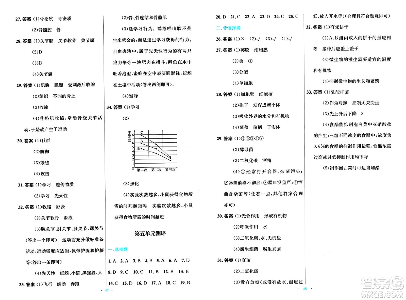 知識出版社2024年秋初中同步測控優(yōu)化設(shè)計(jì)八年級生物上冊冀少版福建專版答案