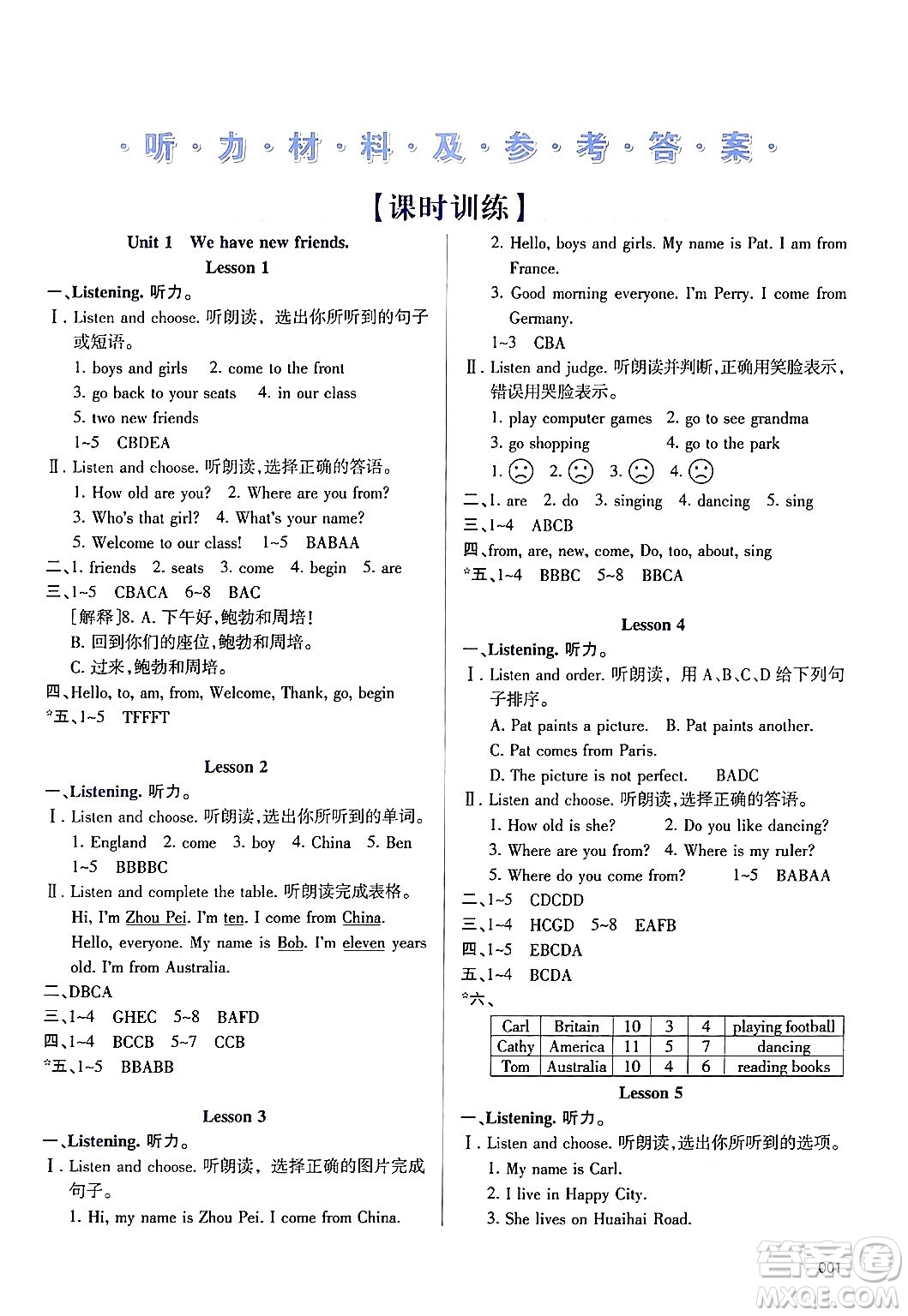 天津教育出版社2024年秋學(xué)習(xí)質(zhì)量監(jiān)測五年級英語上冊人教版答案