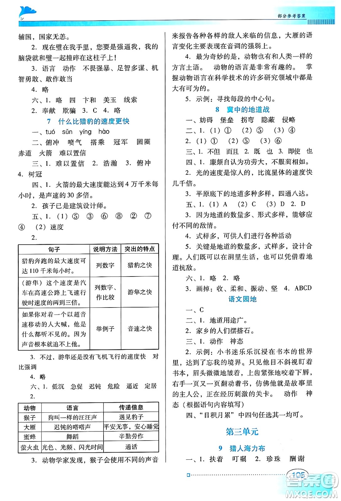 廣東教育出版社2024年秋南方新課堂金牌學案五年級語文上冊人教版答案