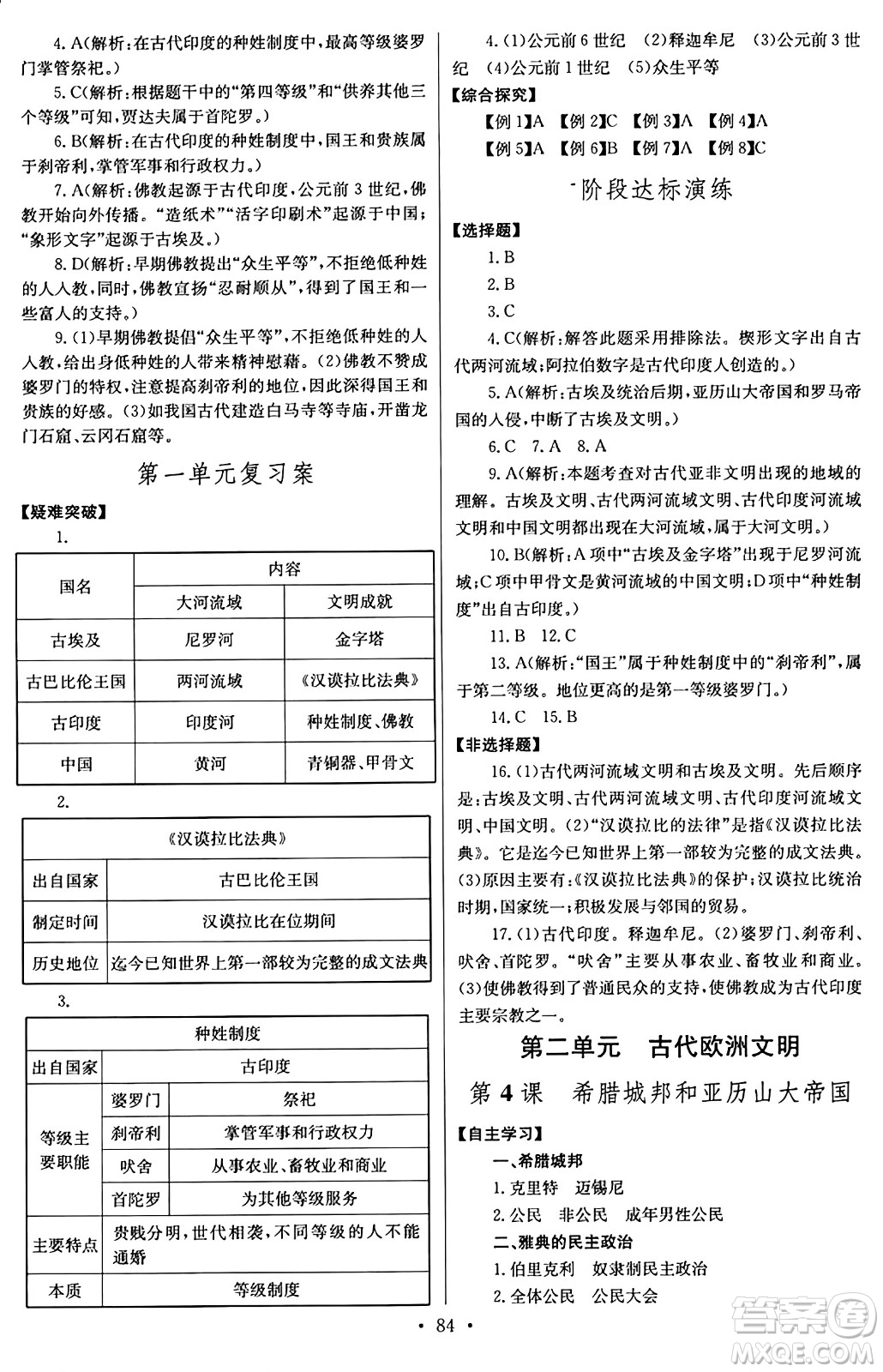 長江少年兒童出版社2024年秋長江全能學案同步練習冊九年級歷史上冊人教版答案