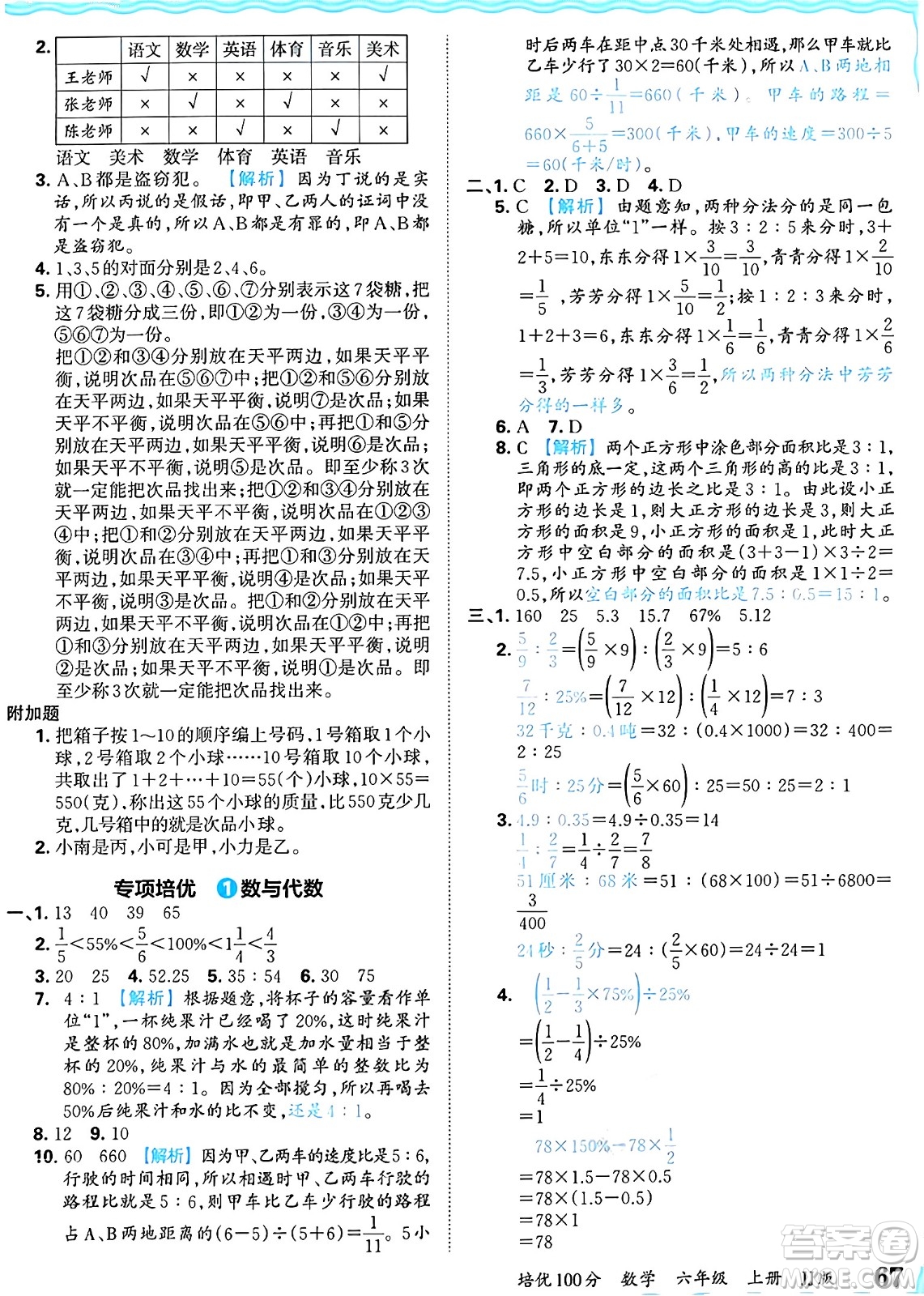 江西人民出版社2024年秋王朝霞培優(yōu)100分六年級(jí)數(shù)學(xué)上冊(cè)冀教版答案