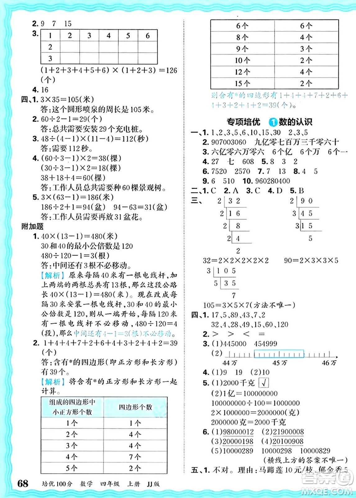 江西人民出版社2024年秋王朝霞培優(yōu)100分四年級數學上冊冀教版答案