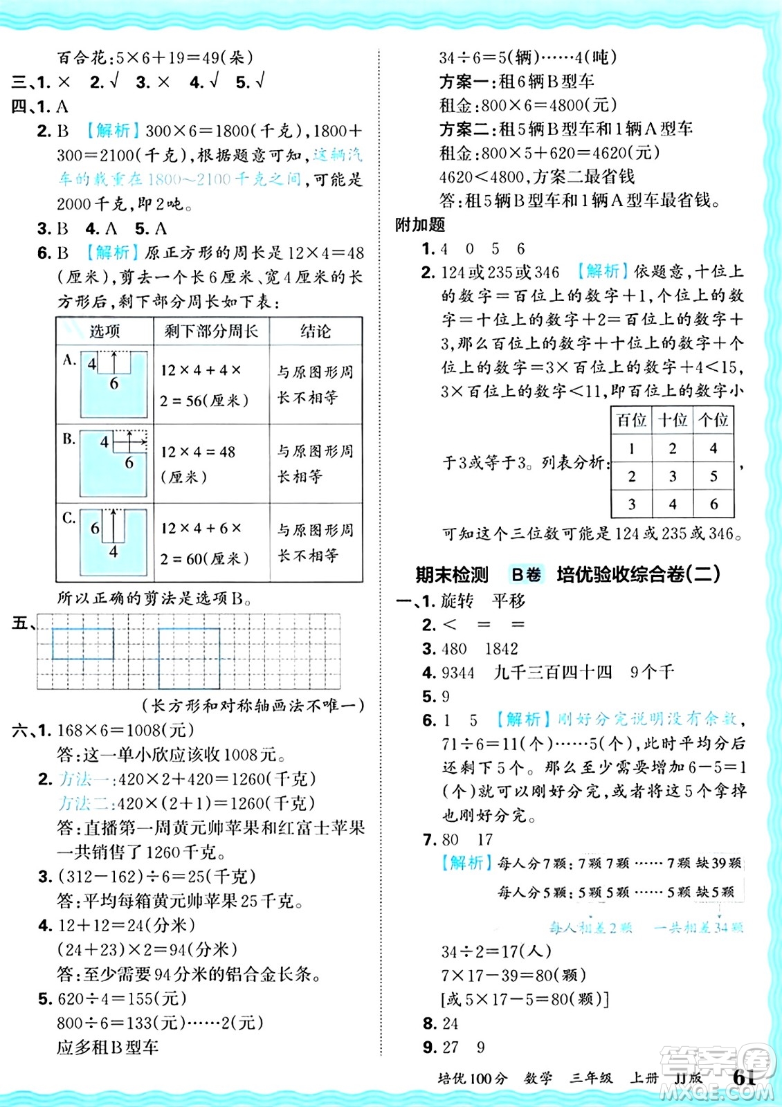 江西人民出版社2024年秋王朝霞培優(yōu)100分三年級(jí)數(shù)學(xué)上冊(cè)冀教版答案