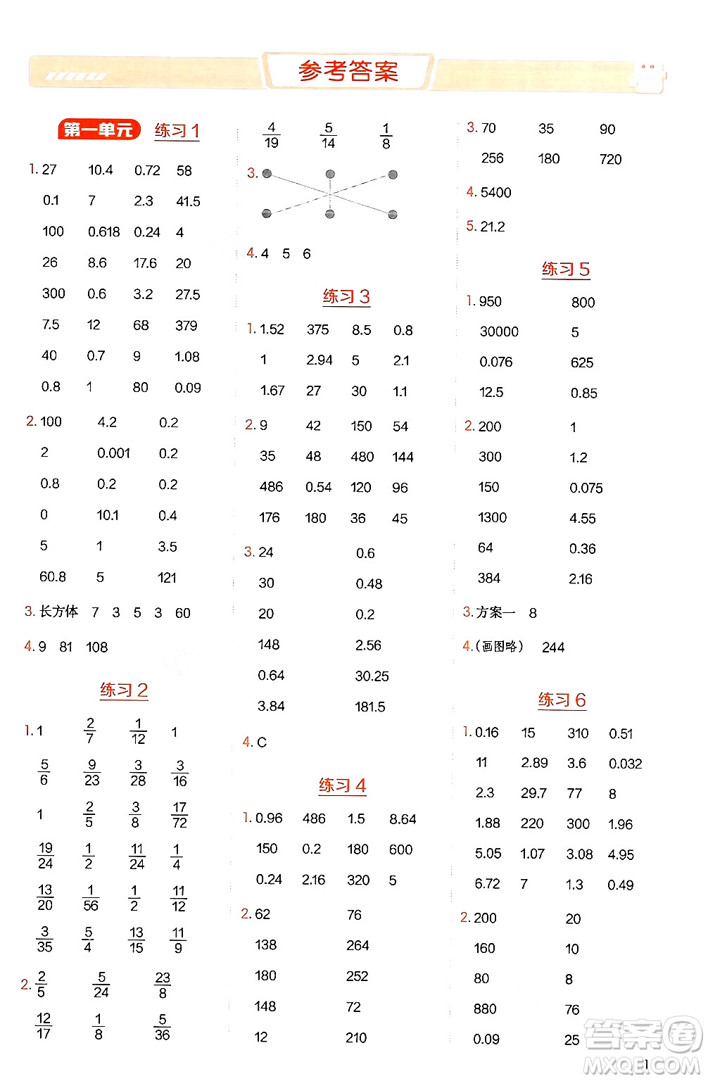 安徽教育出版社2024年秋榮德基星級(jí)口算天天練六年級(jí)數(shù)學(xué)上冊(cè)蘇教版答案