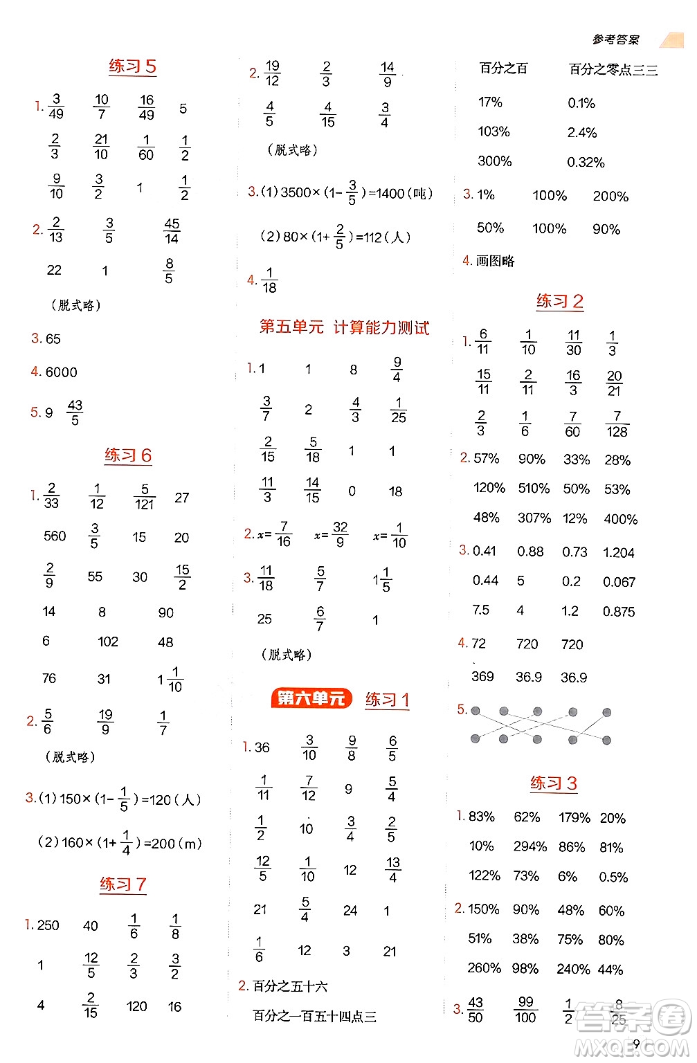 安徽教育出版社2024年秋榮德基星級(jí)口算天天練六年級(jí)數(shù)學(xué)上冊(cè)蘇教版答案