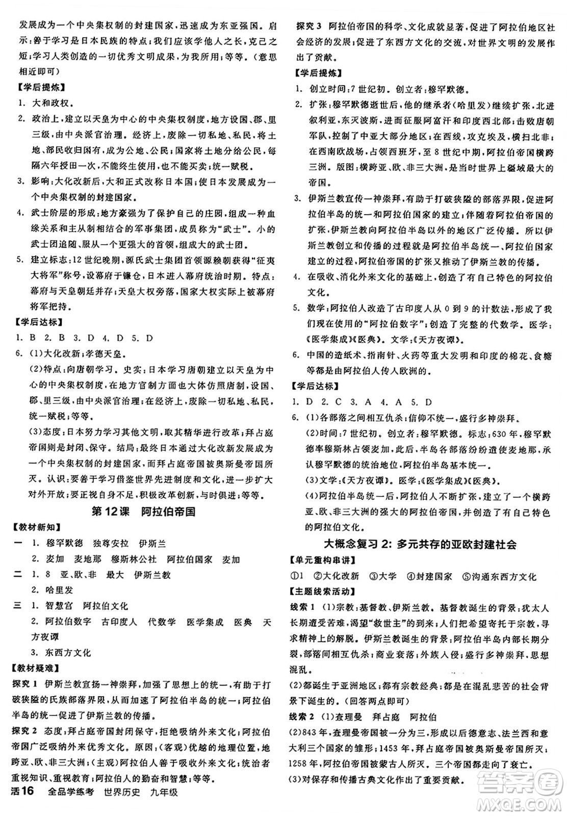 沈陽出版社2024年秋全品學(xué)練考九年級世界歷史上冊通用版答案