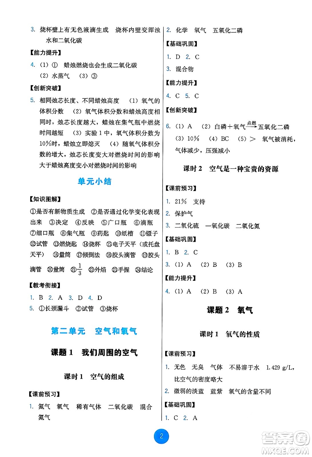 人民教育出版社2024年秋能力培養(yǎng)與測(cè)試九年級(jí)化學(xué)上冊(cè)人教版答案